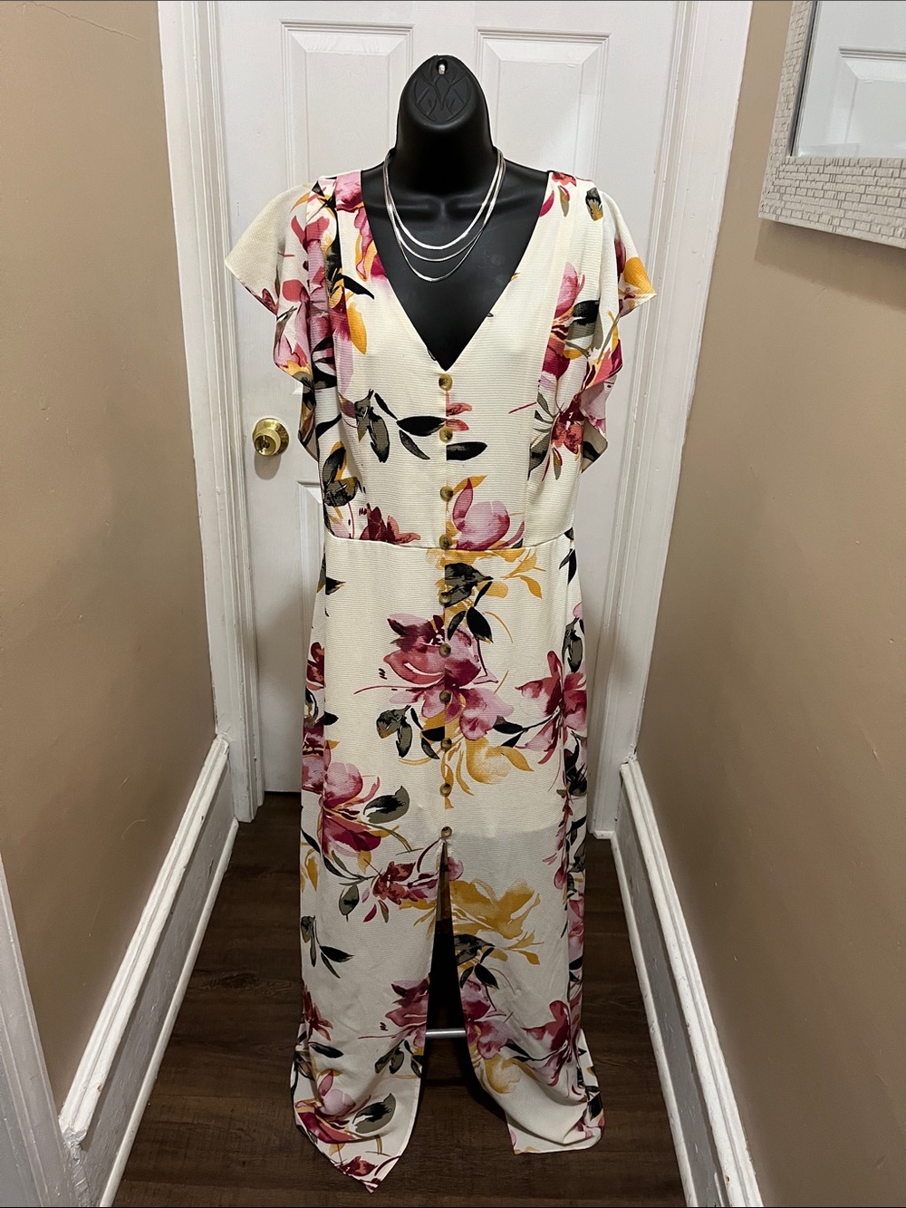 Iz Byer Cream Floral Maxi Dress with Pink and Yellow Blooms
